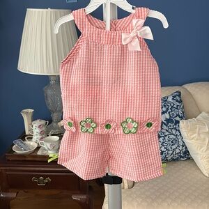 Pink Checkered Seersucker Set with Bow and Flowers